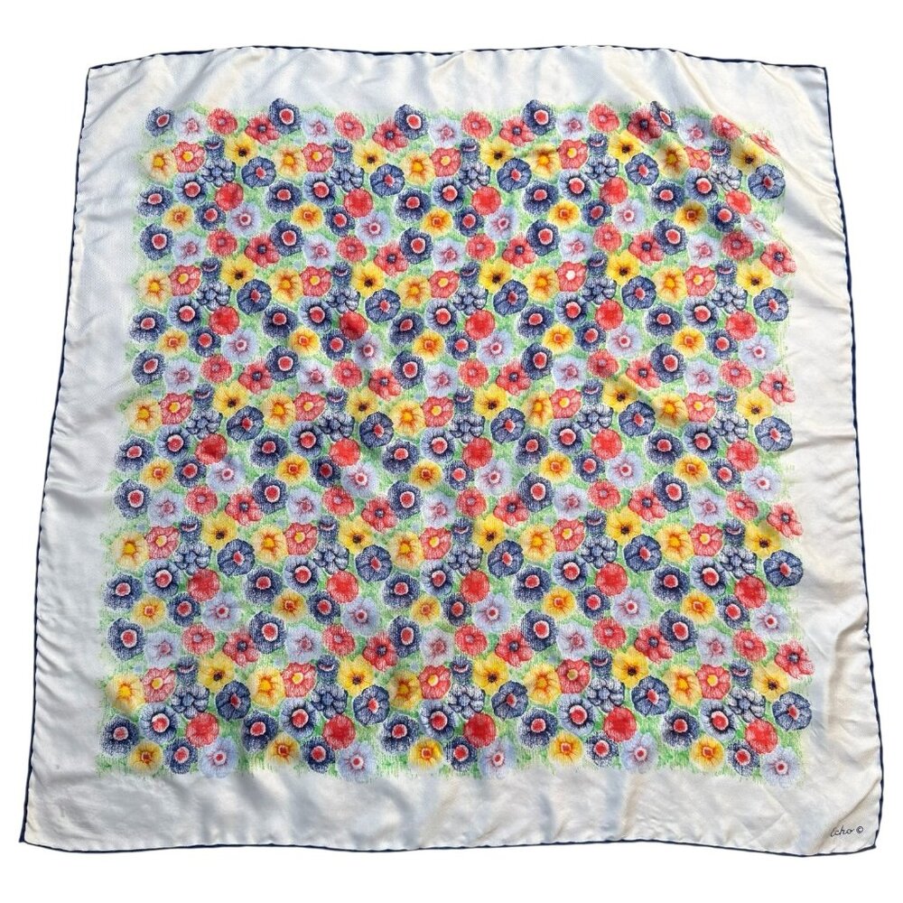 Vintage Echo Silk Scarf With Multicolor Floral Print And Blue Trim Orange Yellow